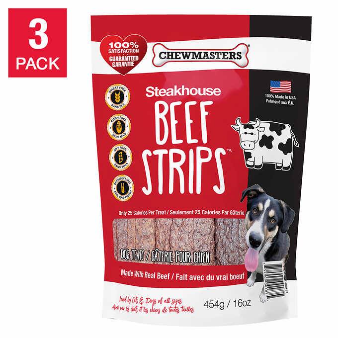 Chewmasters Steakhouse Beef Strips Dog Treats, 3 x 454 g ( 16 oz )