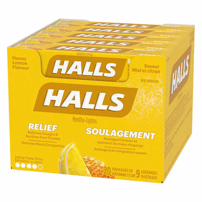 Halls Honey Lemon Flavour Cough Drops, 20 × 9 lozenges