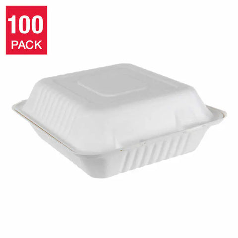 iEco 8” x 8” Hinged Bagasse Containers 100-pack